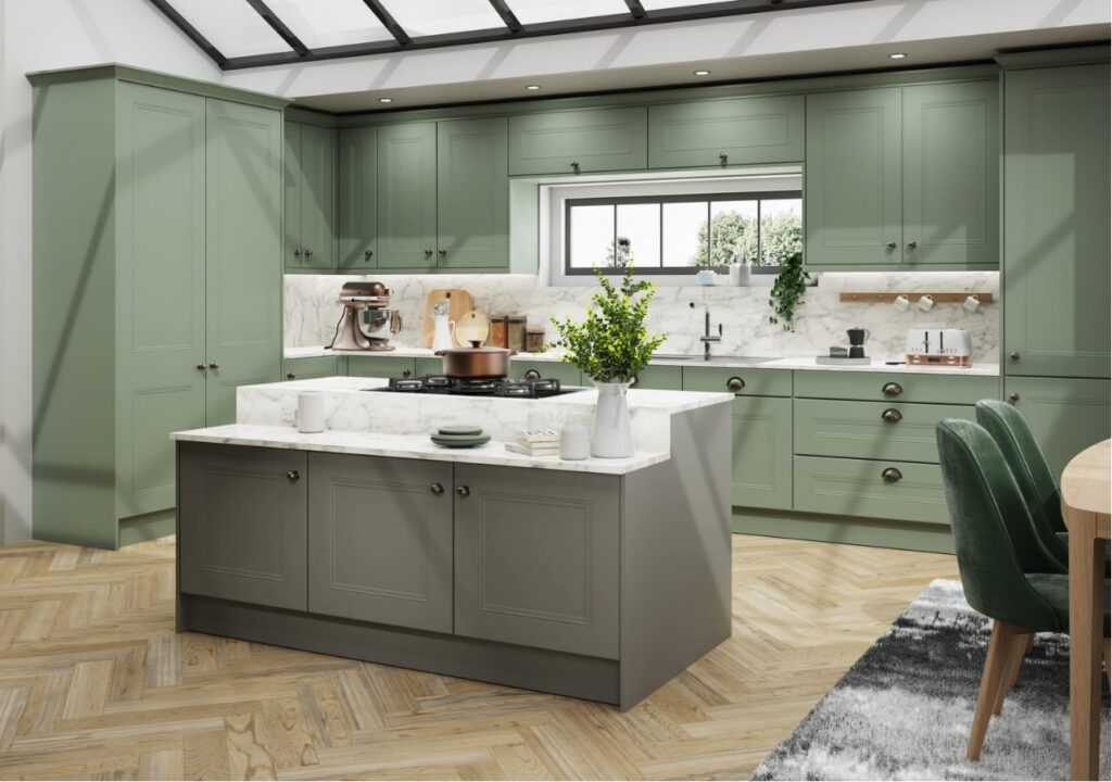 Buxton shown in Supermatt Sage Green kitchen