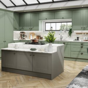 Buxton shown in Supermatt Sage Green kitchen