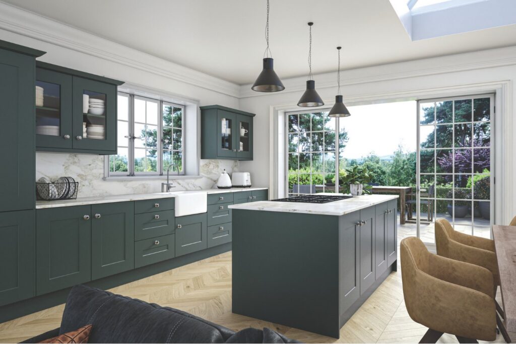 Carrick shown in Supermatt Kombu Green kitchen