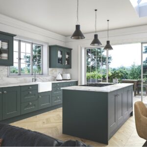 Carrick shown in Supermatt Kombu Green kitchen