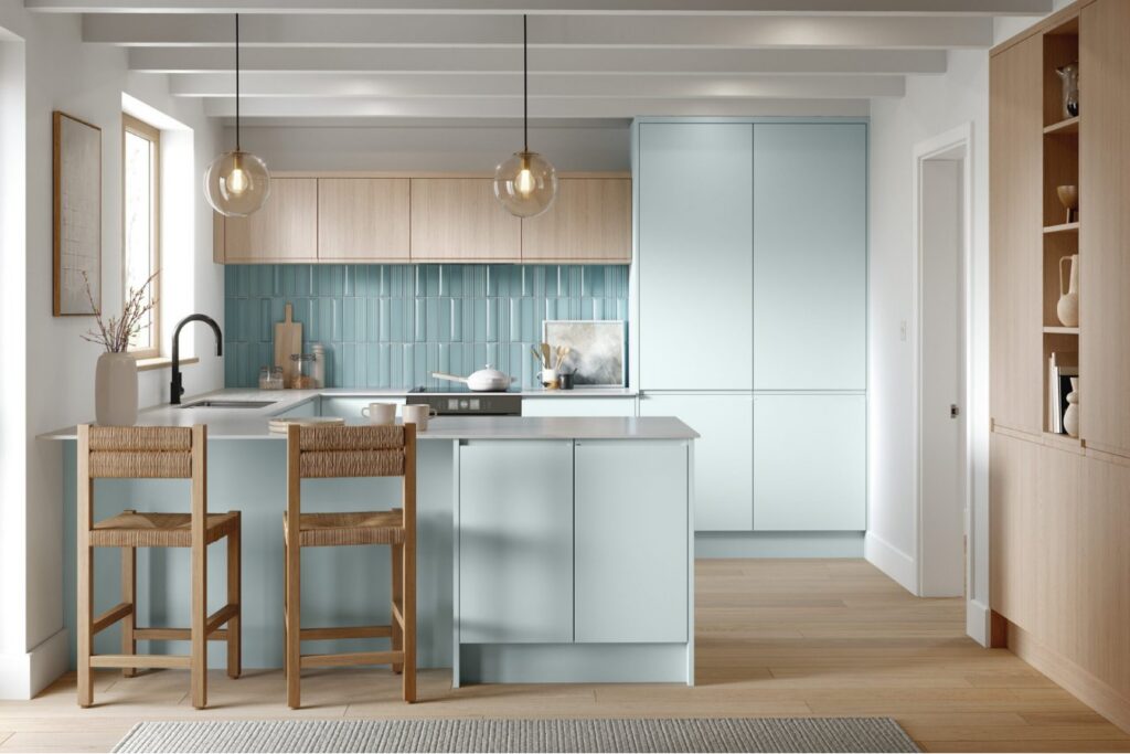 Knebworth shown in Supermatt Scandinavian Blue kitchen