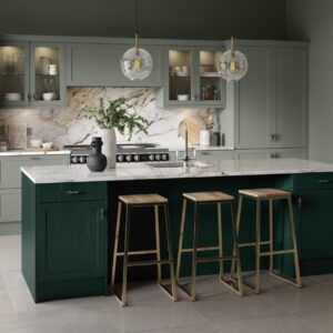 Oakham shown in Paintflow Matt Fir Green kitchen