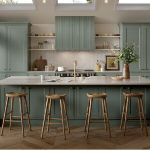 Tullymore shown in Paintflow Matt Sage Green kitchen